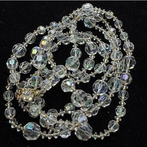 Vintage Aurora Borealis Beaded Flapper Necklace Long Opera Length 56" Gold Tone